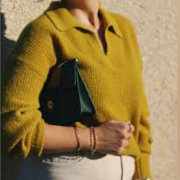 Everlane Alpaca Waffle Knit Polo Sweater Women XXS Mustard Yellow Gold Oversized - Picture 2 of 10